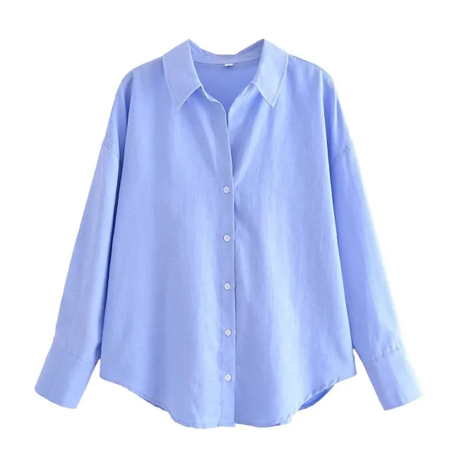 Autumn Women's Lapel Long Sleeve Solid Color Shirt Blue - Shop at LoveMi