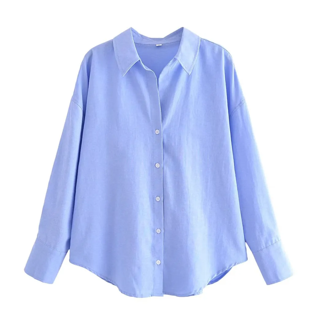 Autumn Women's Lapel Long Sleeve Solid Color Shirt - Blue