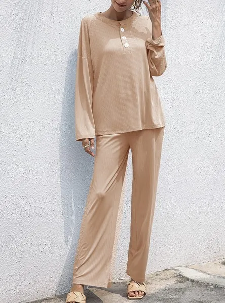 Women's Clothing Stand up Collar Long Sleeve Shirt Straight leg Trousers Suit Khaki - Shop at LoveMi