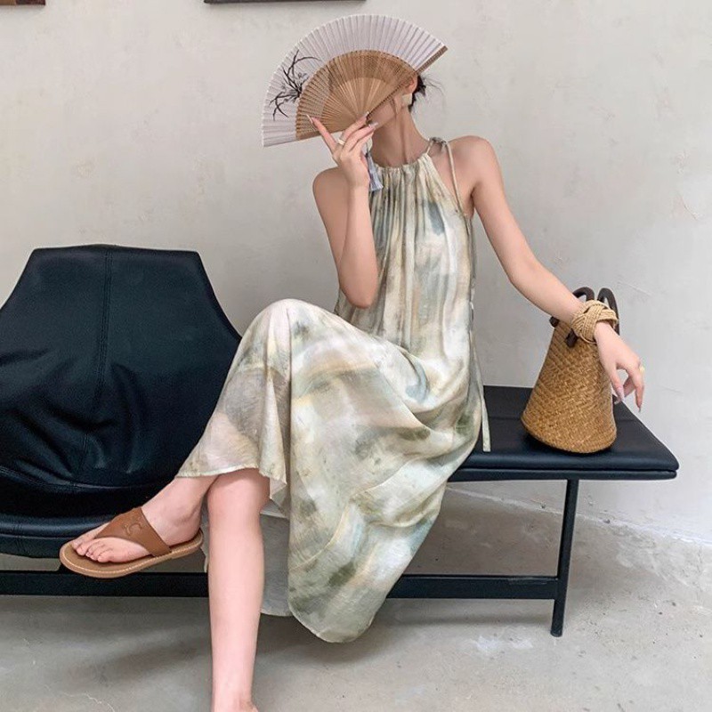 New Long Dress Classic Style French Strap Chiffon Dress Women Green - Shop at LoveMi