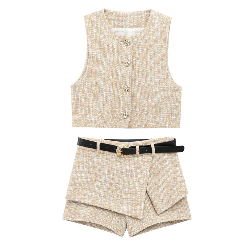 Fashionable Textured Short Vest With Belt Textured Culottes
