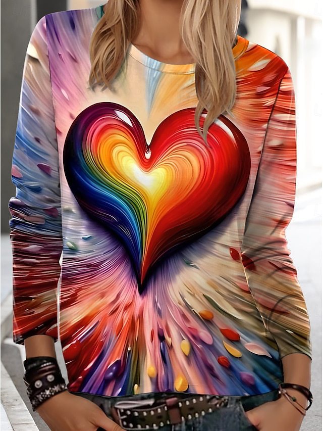 Womens Casual T Shirt With 3D Printed Crew Neck And Long Sleeves