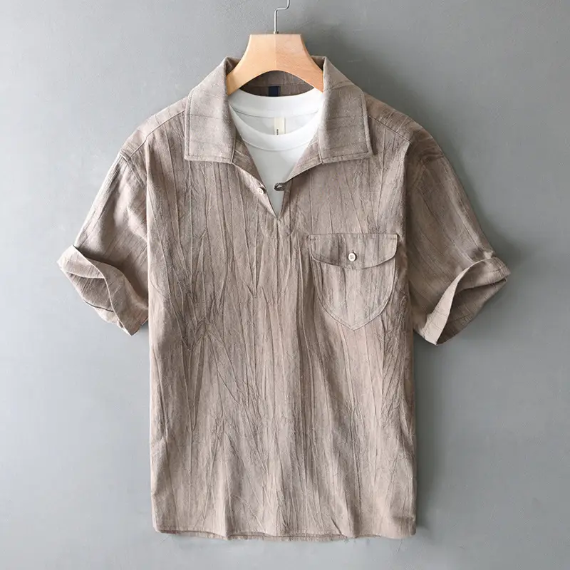 T220 Men's Summer Cotton Linen Retro Short Sleeve Casual Shirt