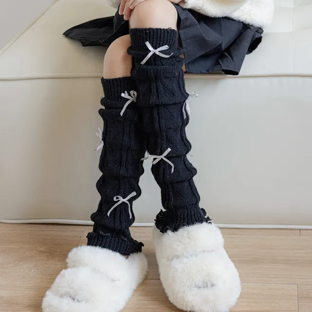 Children's Foot Sock Female Autumn And Winter Bow Pile Style Leg Warmer Black Background Silver Bow - Shop at LoveMi