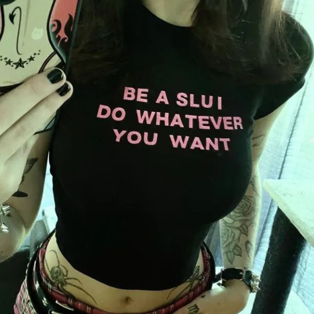 Women's Round Neck Pullover Short Sleeve letter Printed Crop Top Black - Shop at LoveMi