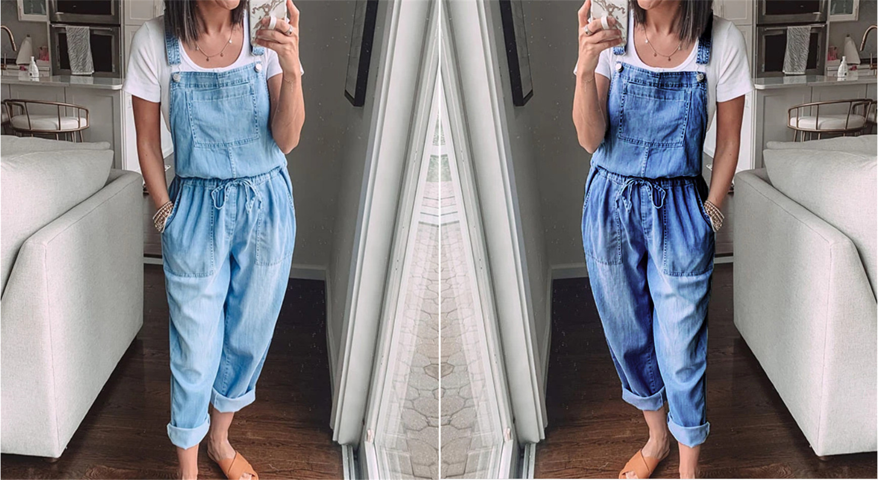 Women's cotton sleeveless overall pants – dark blue full length