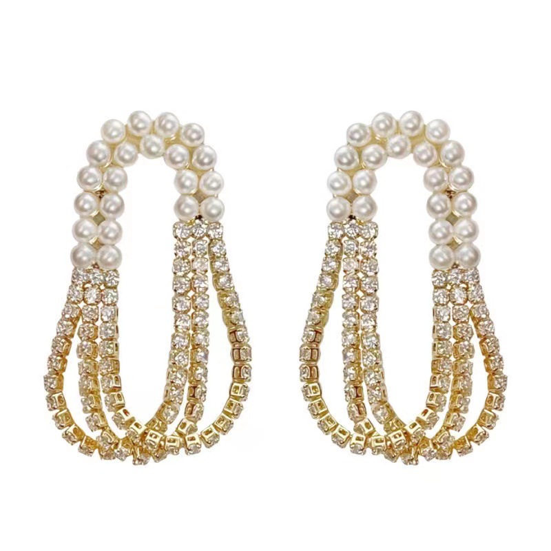 Zircon Multi-layer Tassel Pearl Tassel Earrings