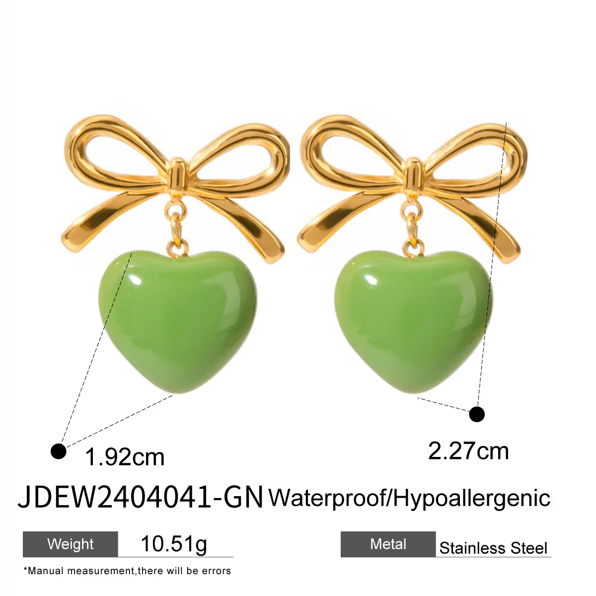 18K Gold Stainless Steel Bow Green Heart Earrings