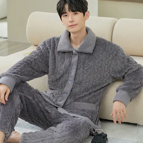 Men's Long Sleeve Cardigan Pajamas Outer Wear Coral Fleece