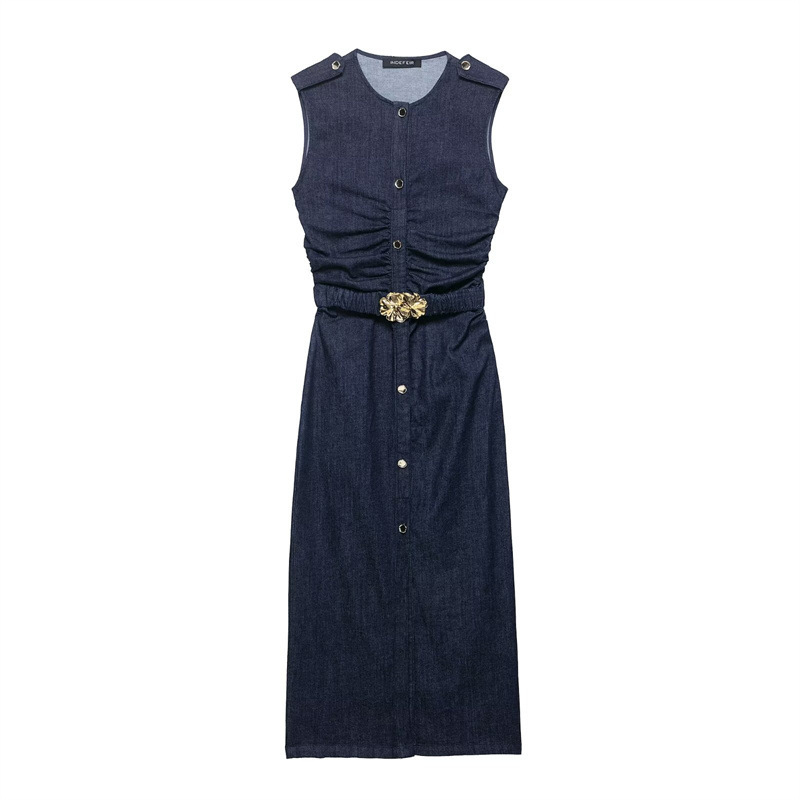 Women's Fashion Denim Midi Skirt Sleeveless Dress Picture Color - Shop at LoveMi