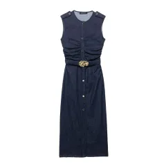 Women's Fashion Denim Midi Skirt Sleeveless Dress - View 1