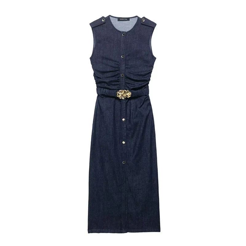 Women's Fashion Denim Midi Skirt Sleeveless Dress