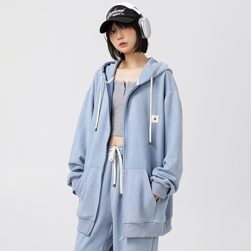 Solid Color Cardigan Hoodie Couple's Tops Coat Loose Casual Long Sleeves Blue - Shop at LoveMi