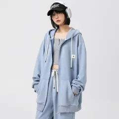 Solid Colour Cardigan Hoodie Couple's Tops Coat Loose Casual Long Sleeves - Blue - View 1