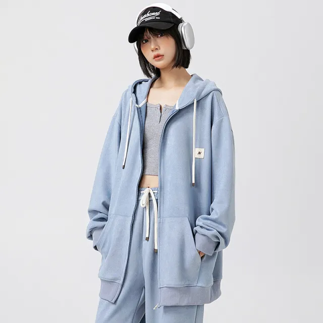 Solid Color Cardigan Hoodie Couple's Tops Coat Loose Casual Long Sleeves Blue - Shop at LoveMi