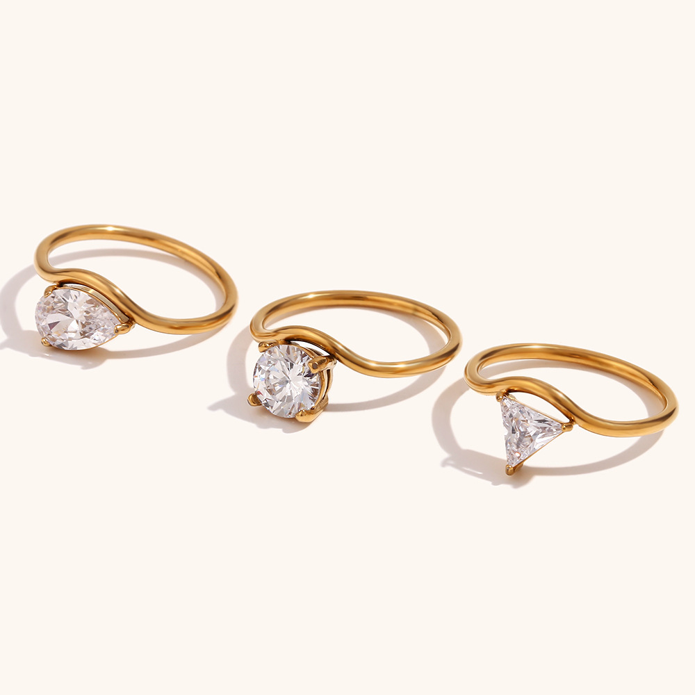 Geometric Zirconia Wave Ring Set | Gold Stainless Steel Band — view 4
