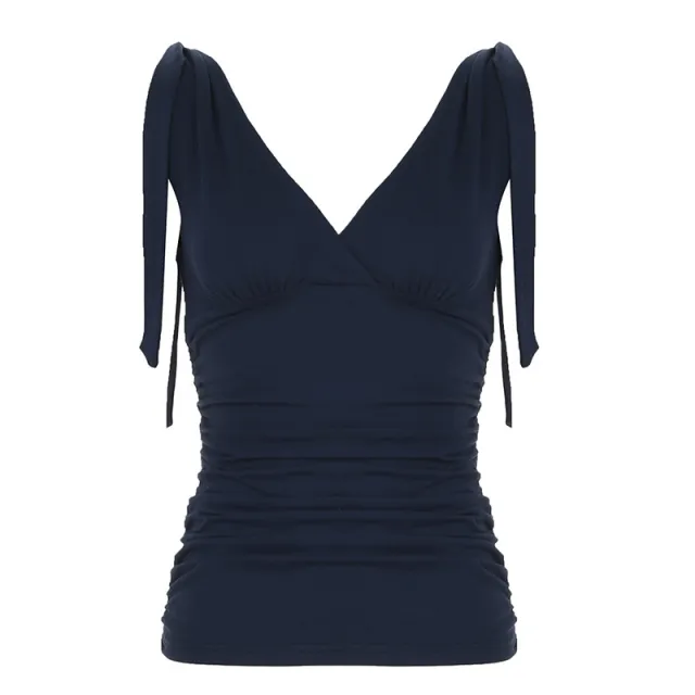 Deep V neck Strap Pleated Bust Vest Spicy Girl style Vintage Versatile Figure hugging Top Blue - Shop at LoveMi
