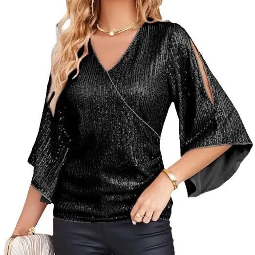 New Women's Sequined Bell Sleeve Top Black - Shop at LoveMi