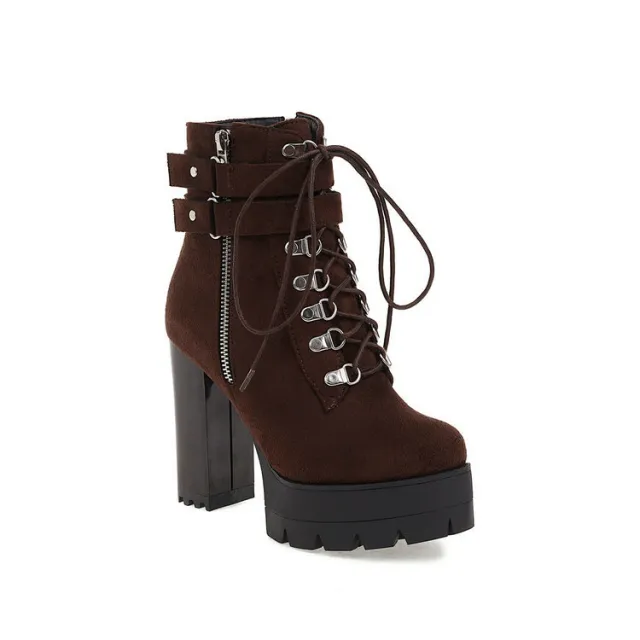 Belt Buckle Stage Booties New High Heel Platform Shoes Thick Brown - Shop at LoveMi