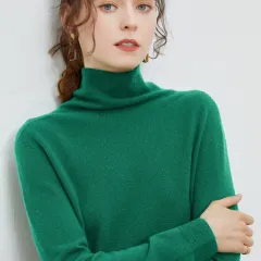 New Women's Loose-fit Ribbed Turtleneck Cropped Knit Pullover Sweater - Emerald - View 1