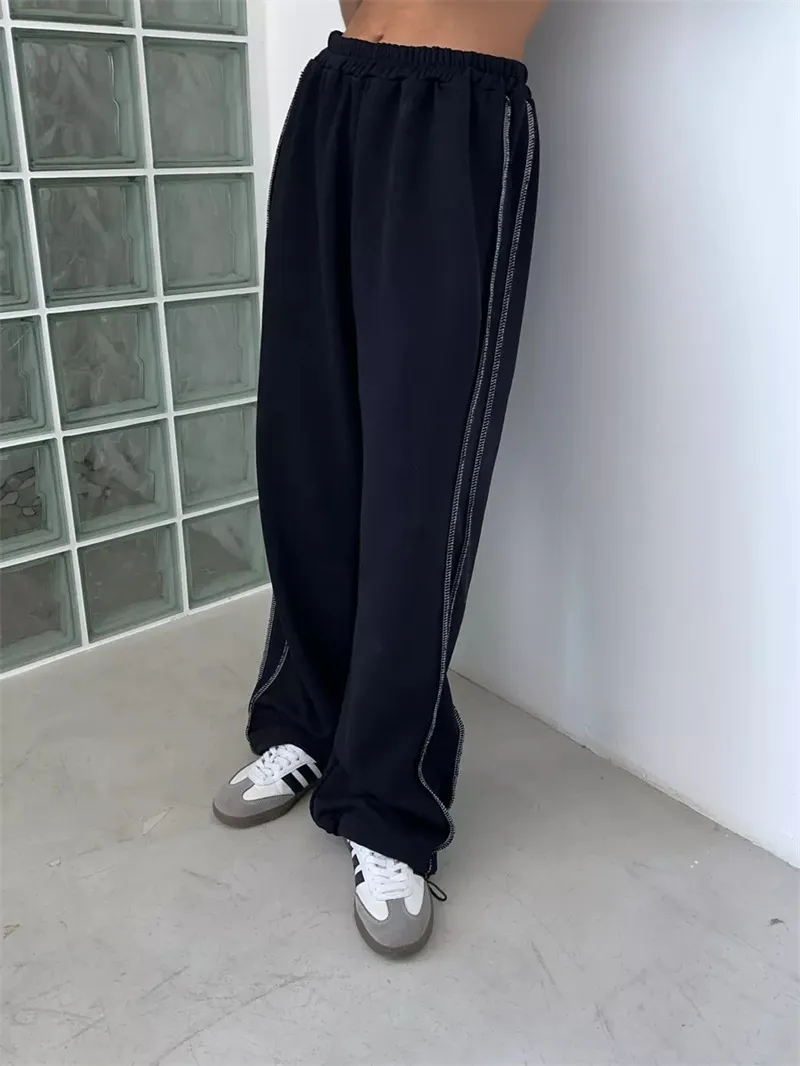 Street Style Loose Casual Fashion All-matching Elastic Waist Sweatpants - Navy