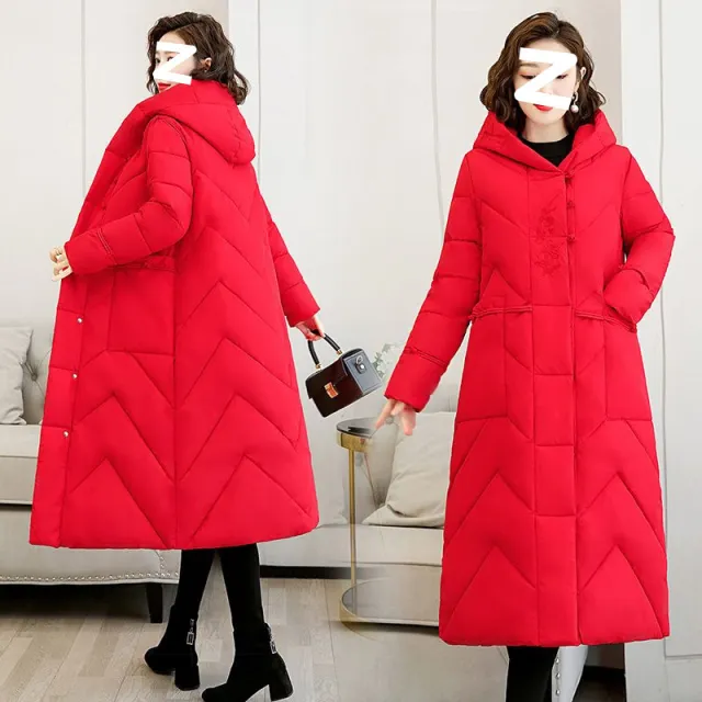 Plus Size Overknee Long Warm Hooded Cotton Jacket Red - Shop at LoveMi