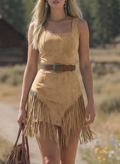 Cowboy Style Suede Fringe Slim-fit Long Sleeve Dress thumbnail 7