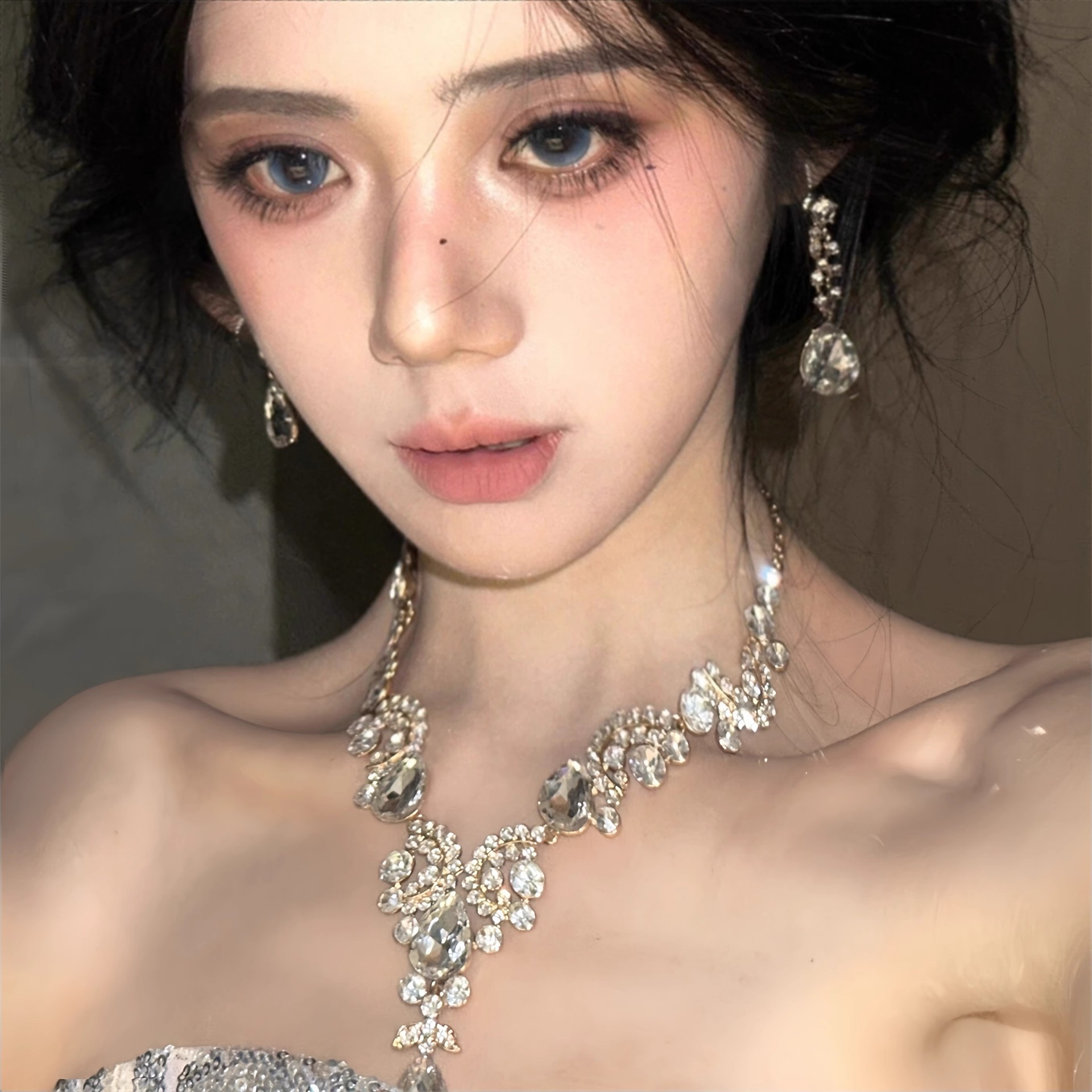 Waterdrop Full-Crystal Tassel Necklace And Earring Set