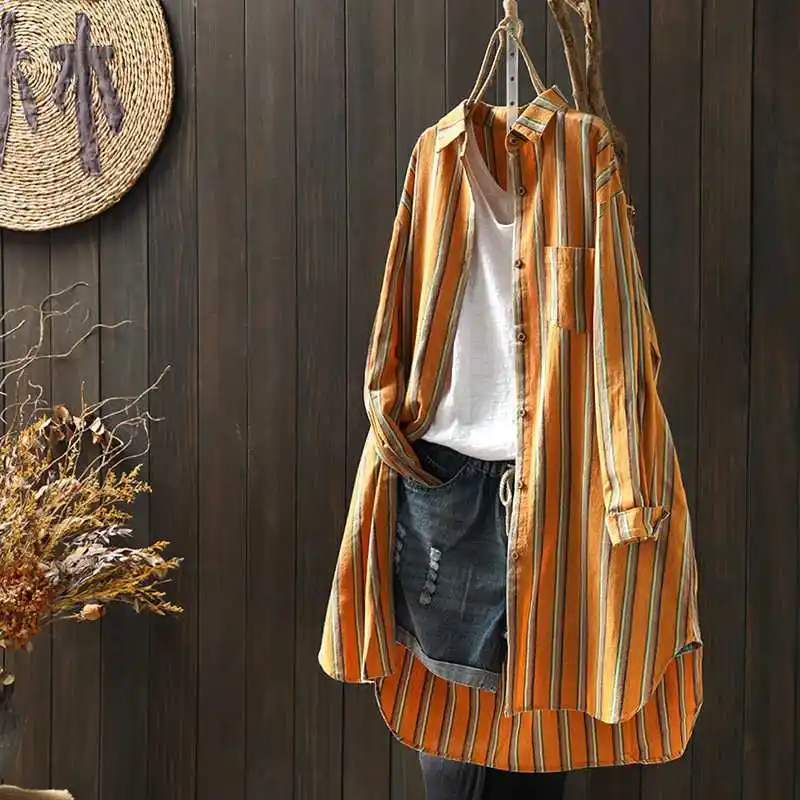 Cotton-linen Long-sleeve Shirt With Vertical Stripes