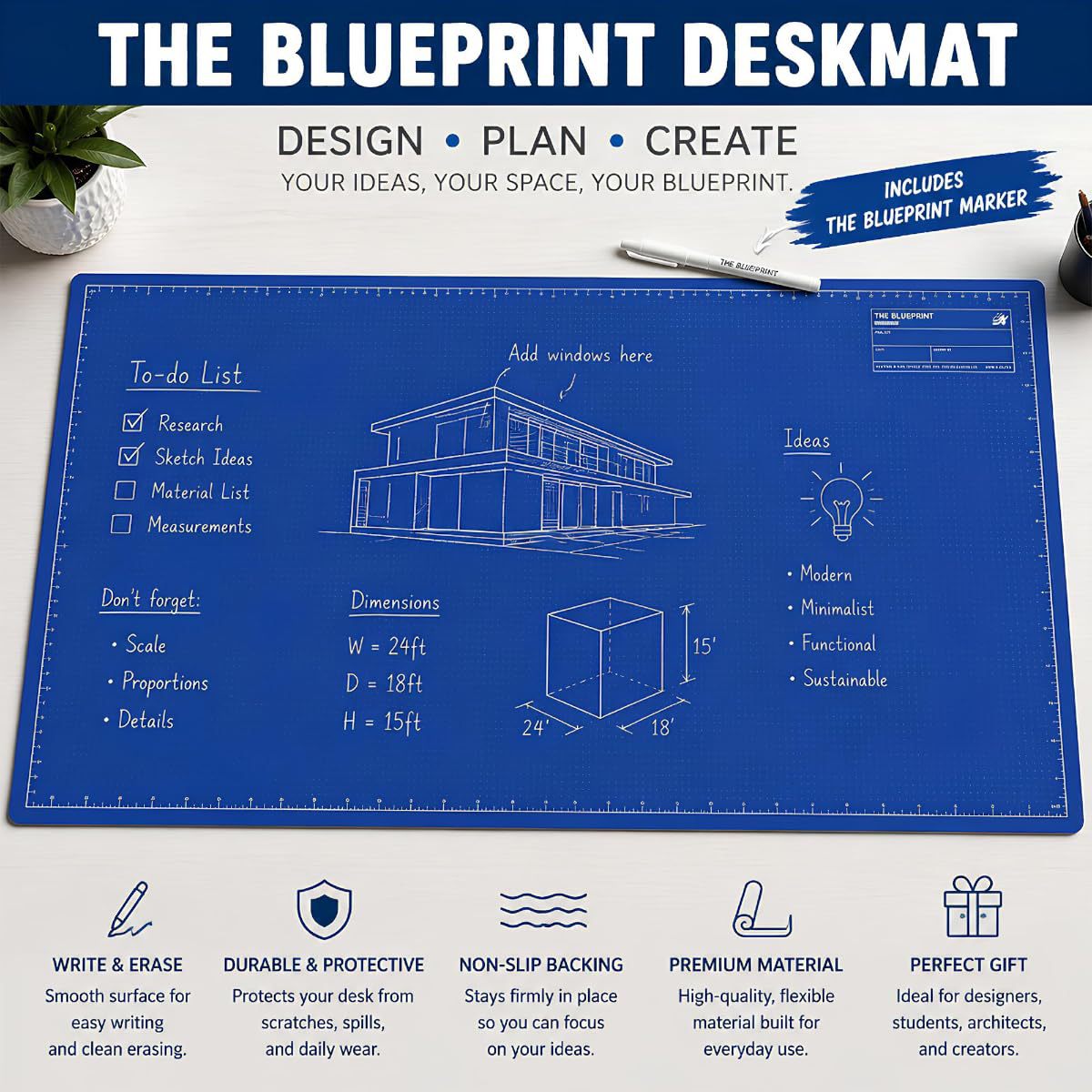 Blueprint desk mat set with the included blueprint markers