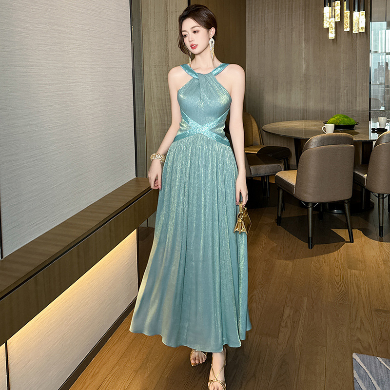 French Halter Silk Satin Waist-controlled Large Hem Dress