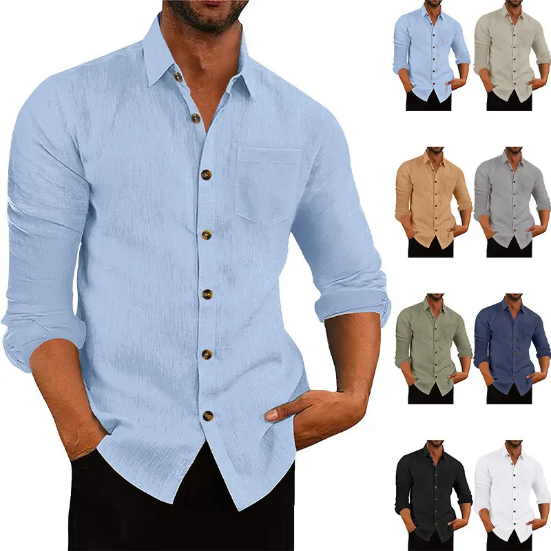 Men's Polo Collar Solid Color Long Sleeve Shirt Linen