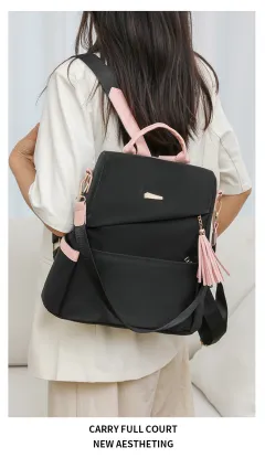 Oxford Cloth Stitching Women'S Backpack Anti-Theft Back Zipper Girls Schoolbag Casual Travel Double Shoulder Backpack - Black - View 1