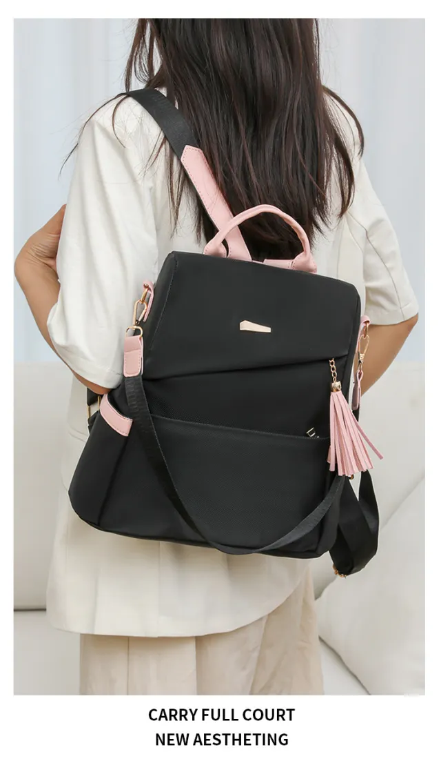 Oxford Cloth Stitching Women'S Backpack Anti Theft Back Zipper Girls Schoolbag Casual Travel Double Shoulder Backpack Black - Shop at LoveMi