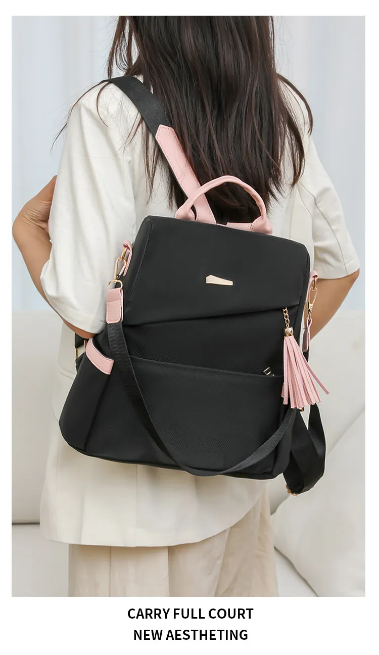 Oxford Cloth Stitching Women'S Backpack Anti-Theft Back Zipper Girls Schoolbag Casual Travel Double Shoulder Backpack - Black