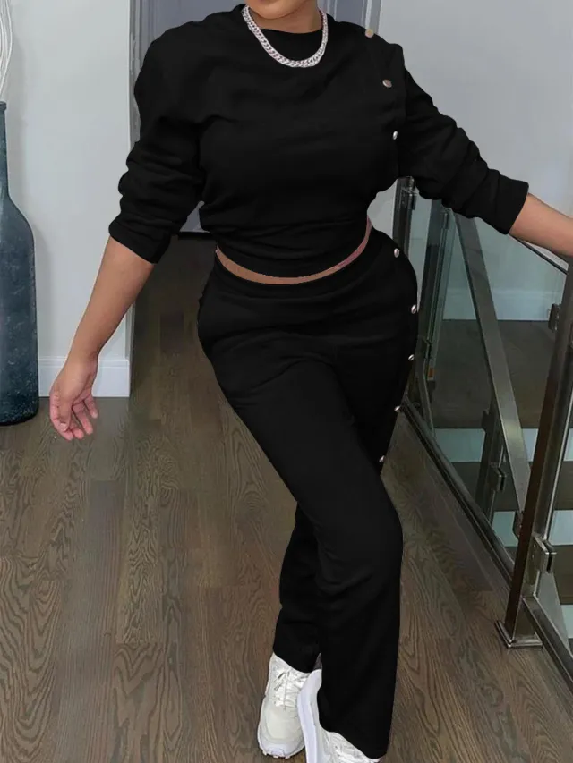 Stylish Casual Sweatshirt Set With Side Button Detailing Black - Shop at LoveMi