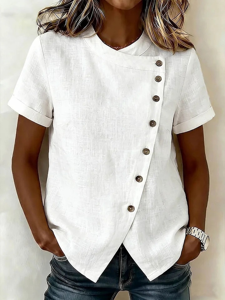 Women's cross-neckline asymmetrical hem cotton linen top – front view loose fit