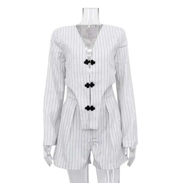 Niche Design Long Sleeve Jacket High Waist Shorts Striped Suit Light Gray - Shop at LoveMi