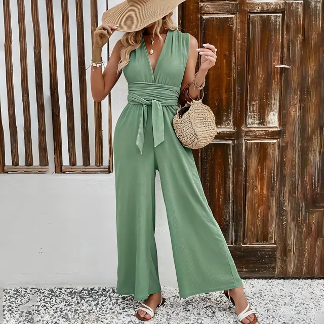 Sleeveless Elastic Waist Wide Leg Jumpsuit Light Green - Shop at LoveMi