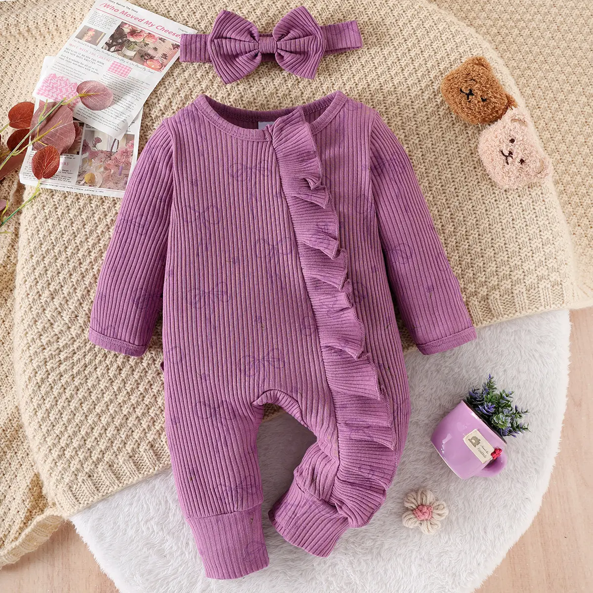 Baby Creative Bowknot Printed Long Sleeve Jumpsuit Suit