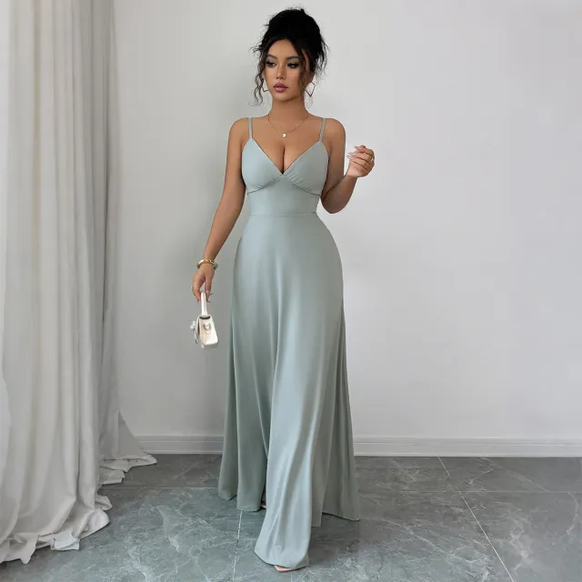 European And American Elegant Strap A Line Long Skirt Dress Green - Shop at LoveMi