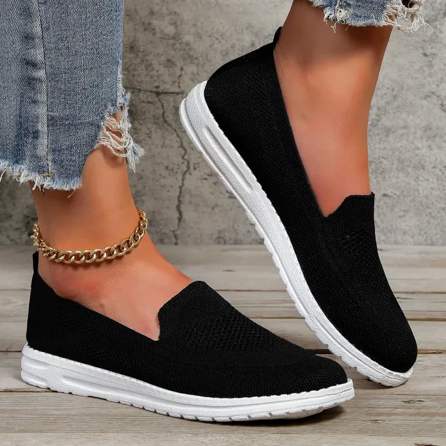 Plus Size Flat Heel Solid Color Flyknit Casual Women's Pumps Black - Shop at LoveMi