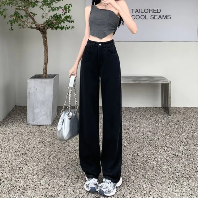 Women's High Waist Straight Loose Slimming Small Wide Leg Jeans Black - Shop at LoveMi
