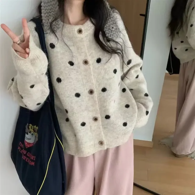 Loose Casual Sweater Polka Dot Round Neck Button Women's Sweater White - Shop at LoveMi