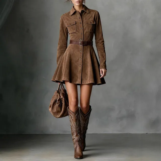 Womens Stylish And Elegant Solid Color Long Sleeve Pocket Dress Brown - Shop at LoveMi