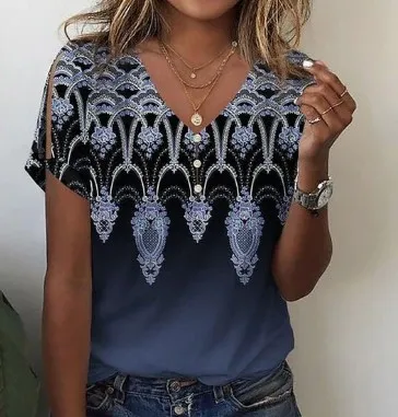 Flower Series 3D Printed V-neck Button T-shirt Top - Bmjxtx213-Xl