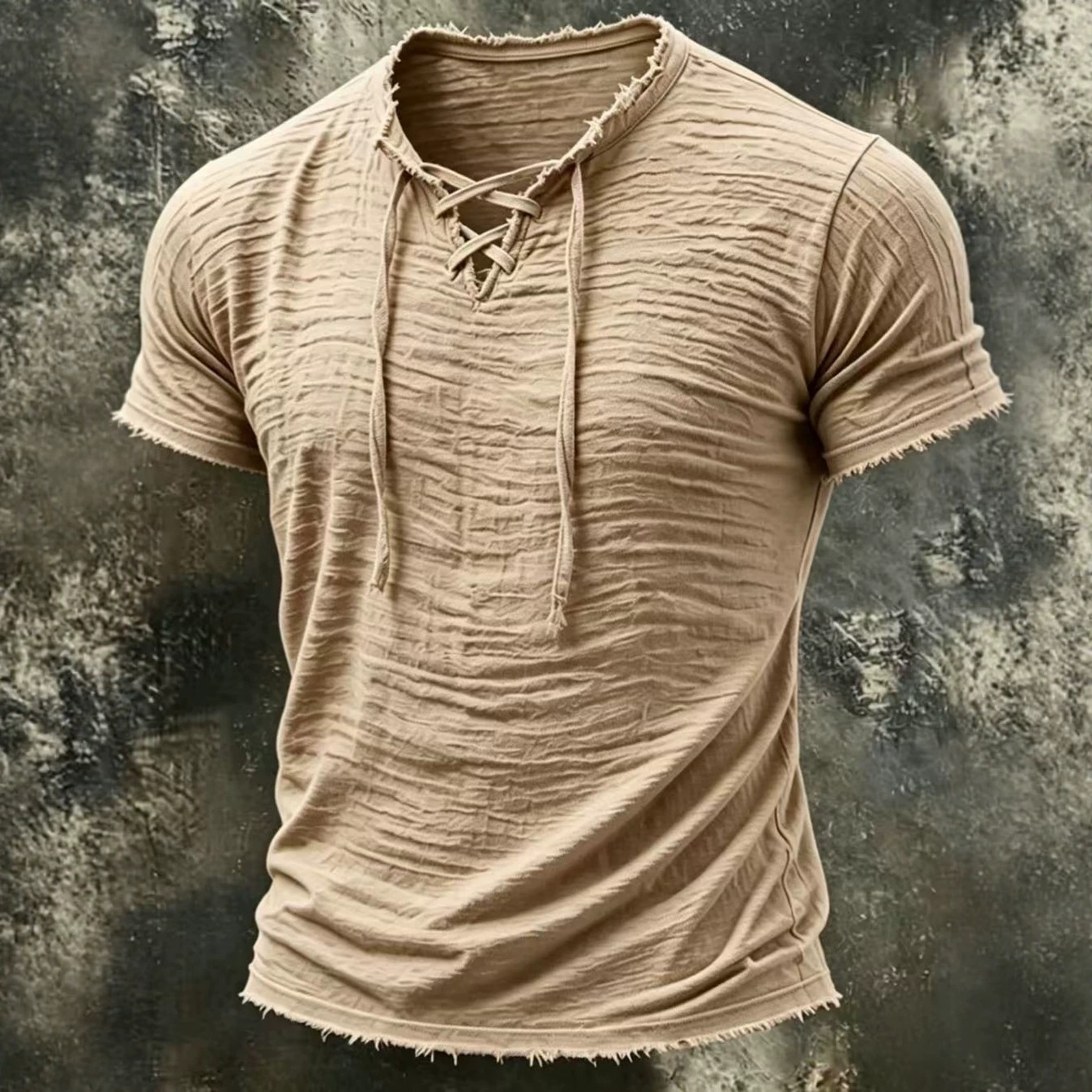 Mens Retro Cotton-Linen T-Shirt With V-Neck And Short Sleeves