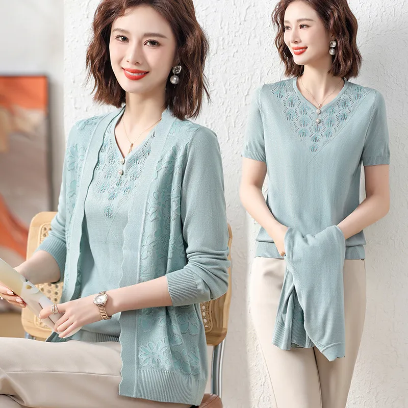 Spring Wear For Moms Fashionable Jacket Thin Knitted Cardigan Two-piece Suit - Green