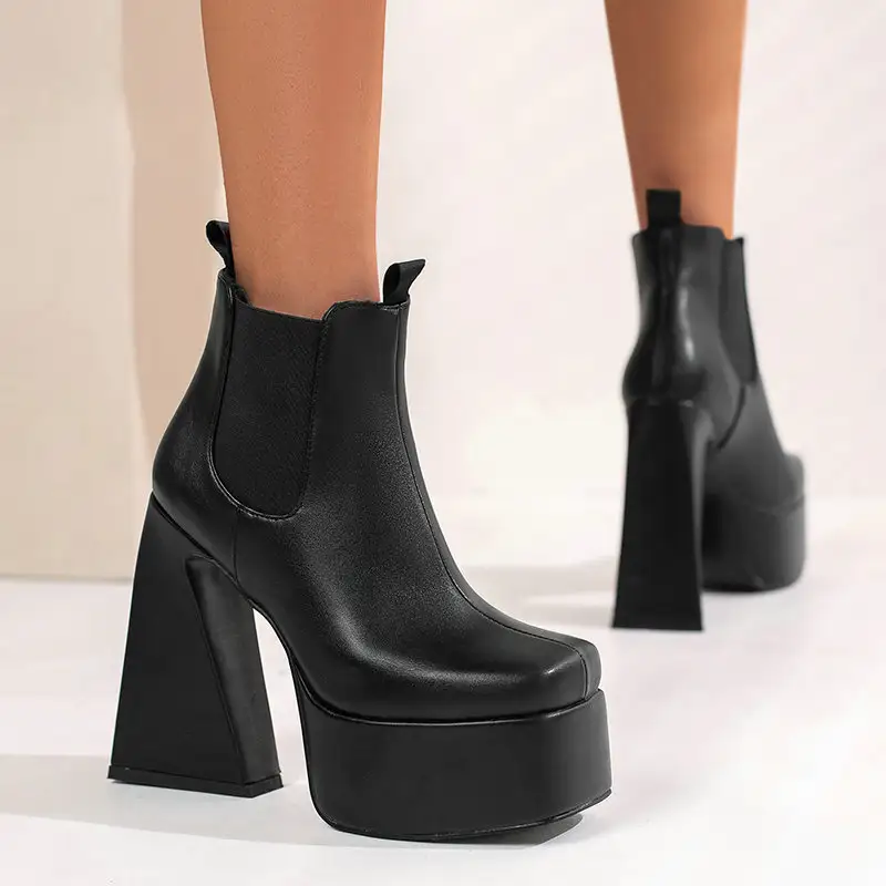 Womens Patent Leather Square-toe Boots With Chunky Heels