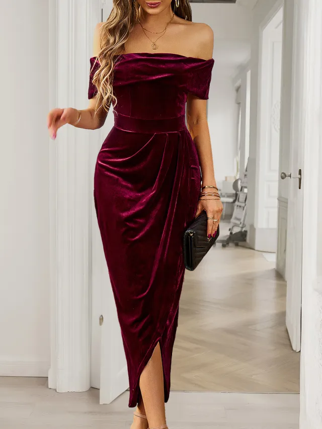 Solid Color Strapless Bodycon Long Dress Women's Dress Wine Red - Shop at LoveMi